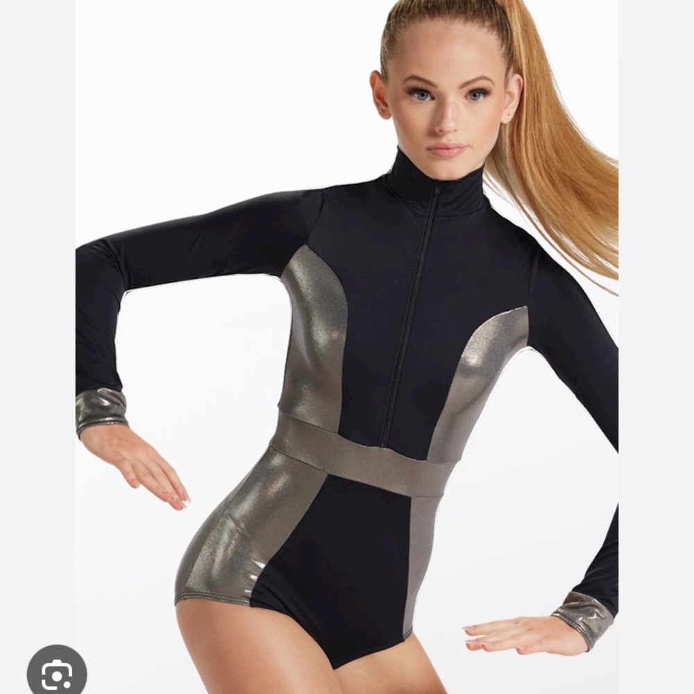 Black and silver zip up long sleeve leotard